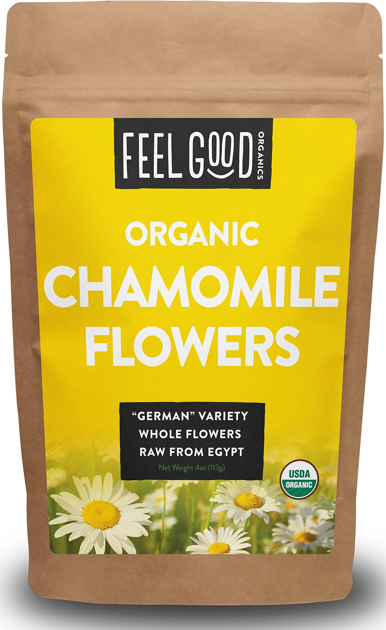 Organic "GERMAN" Chamomile Flowers | 4oz Resealable Kraft Bag | 100% Raw From Egypt | by Feel Good Organics
