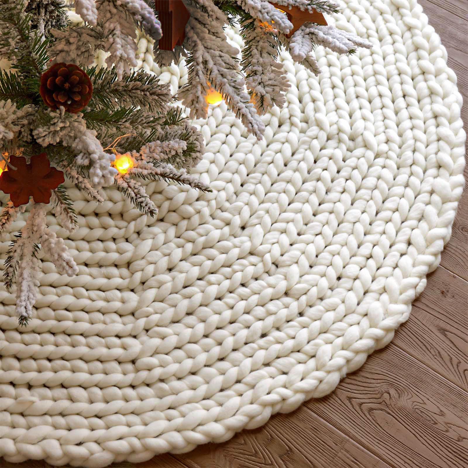 Photo 1 of 48 inch Christmas Tree Skirt: Chunky Knit Tree Skirt for 7.5ft Tree, Crochet Cream White Tree Skirt, Vintage Tree Skirts, Rustic Farmhouse Christmas Decorations