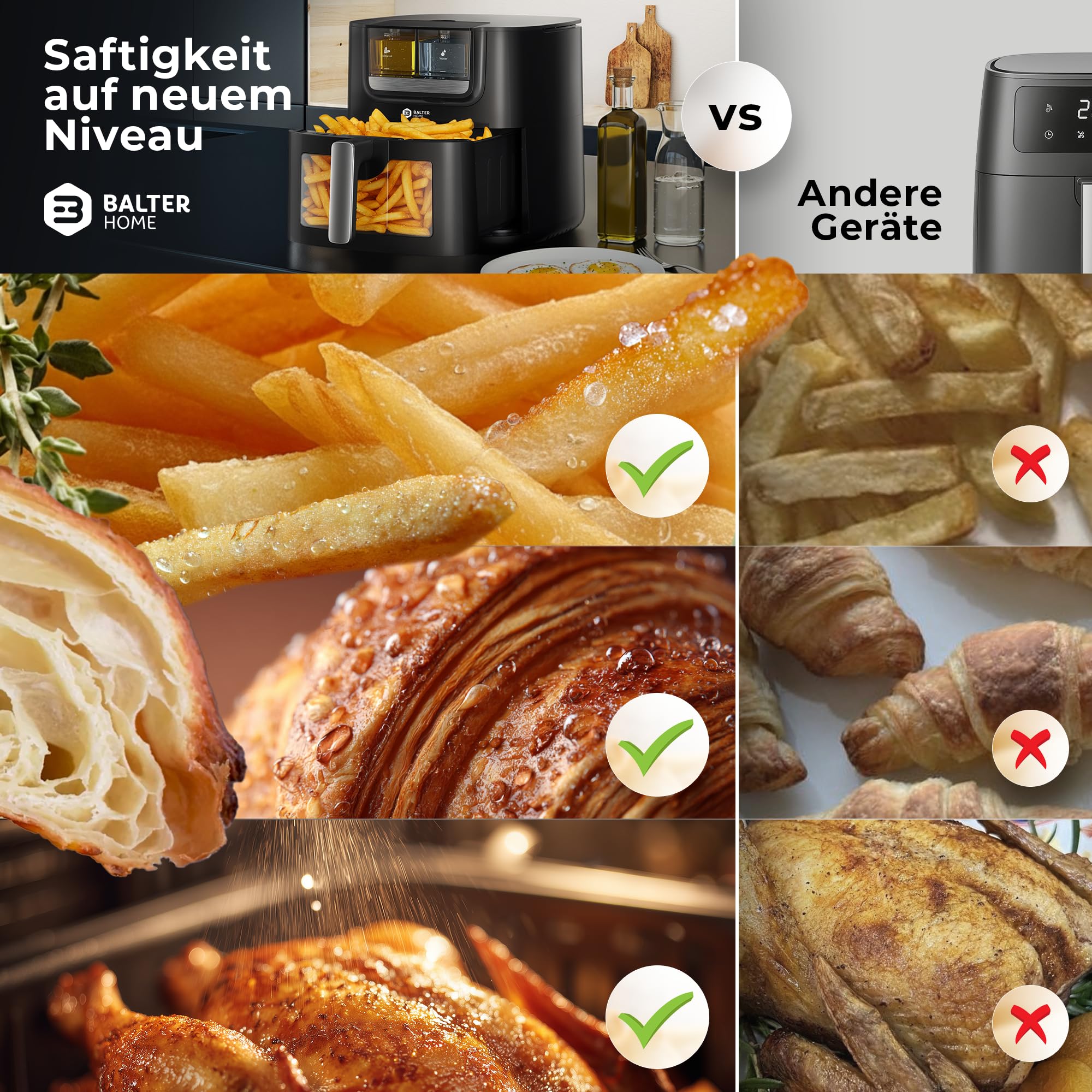 Balter Heißluftfritteuse Airfryer mit Öl- & Wasser-Spray Funktion für extra knusprige Speisen, 7,2L XXL, Heissluftfriteuse mit Sichtfenster, 10 Programme, Air Fryer, inkl. 100 Rezepte, HL-710 4