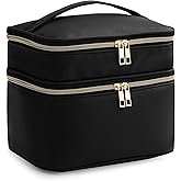 HBlife Double Layer Travel Makeup Bag Portable Cute Leather Cosmetic Bag Large Make Up Bag Makeup Case Organizer Toiletry Bag for Women Girls with Handle and Removable Divider(Black)