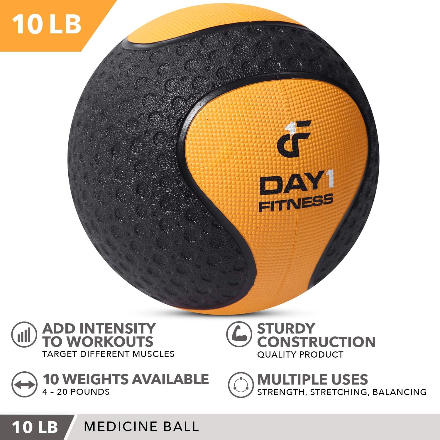 Medicine Exercise Ball with Dual Texture for Superior Grip by Day 1 Fitness - 10 Pounds - Fitness Balls for Plyometrics, Workouts - Improves Balance, Flexibility, Coordination : Sports & Outdoors