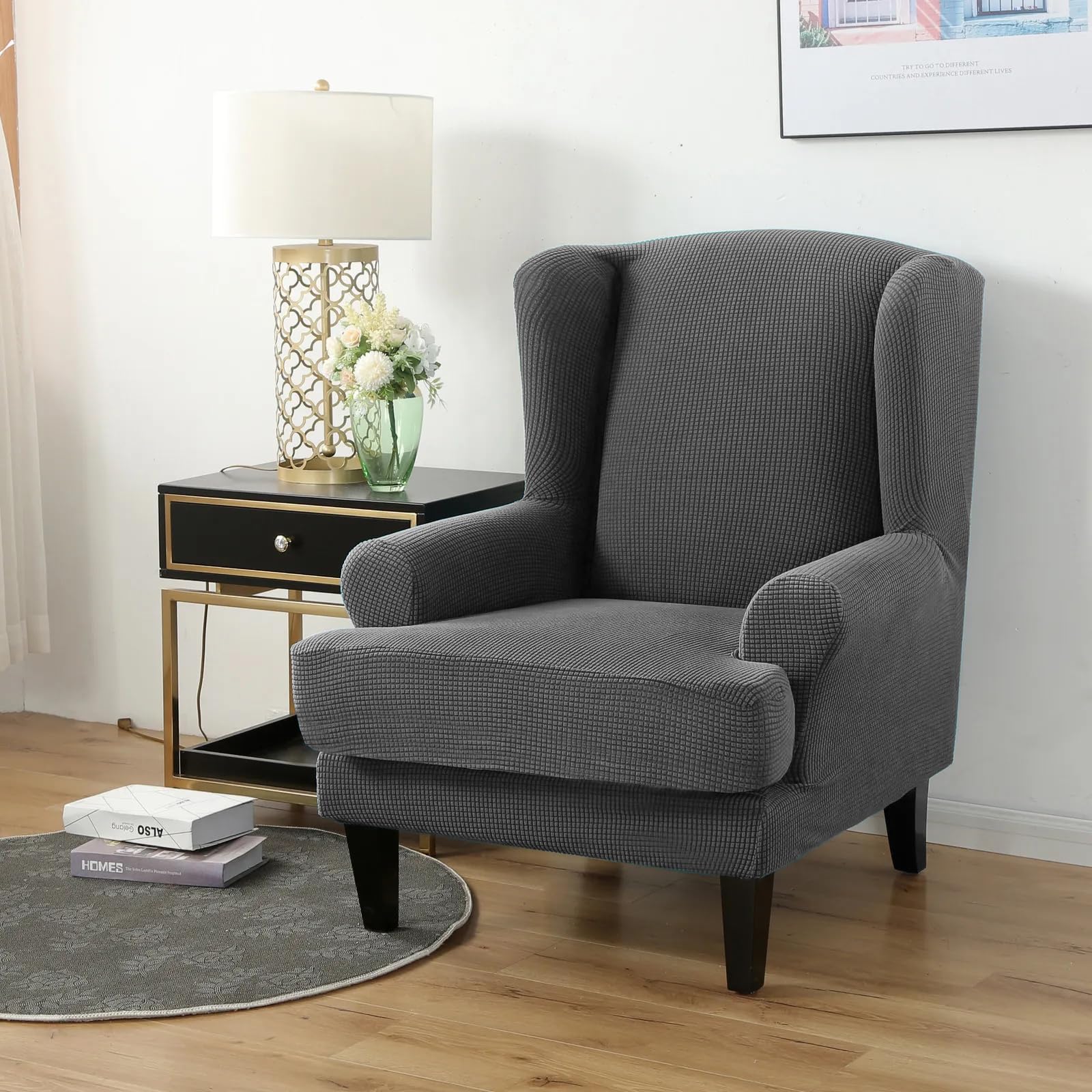 PETCUTE Wing Chair Slipcovers Armchair Covers with Ears Stretch Wing Chair Covers Jacquard Furniture Protector Dark gray