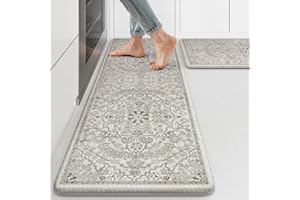 KIMODE Kitchen Mats Cushioned Anti Fatigue, Boho Vintage Grey Kitchen Rugs Sets of 2, Non-Slip Kitchen Mats for Floor, Padded Kitchen Floor Mat for Sink, Laundry, Office, Desk,17"x47"+17"x29"