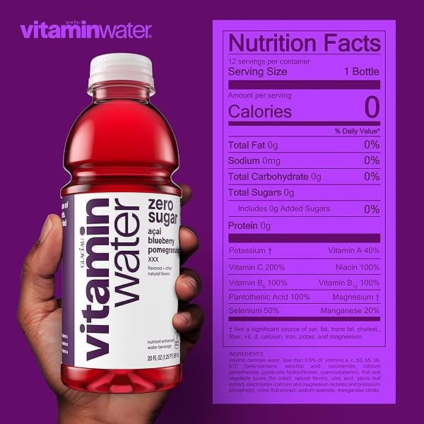 VITAMINWATER XXX ACAI-BLUEBERRY-POMEGRANATE ZERO SUGAR, FLAVORED WATER BEVERAGE, 20 FL OZ BOTTLES, 12 PACK