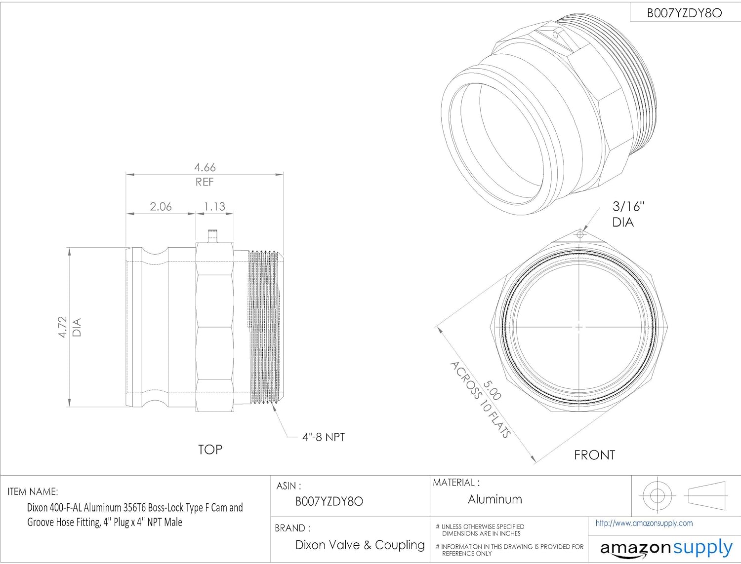 Dixon 100FAL Aluminum 356T6 BossLock Type F Cam and Groove Hose