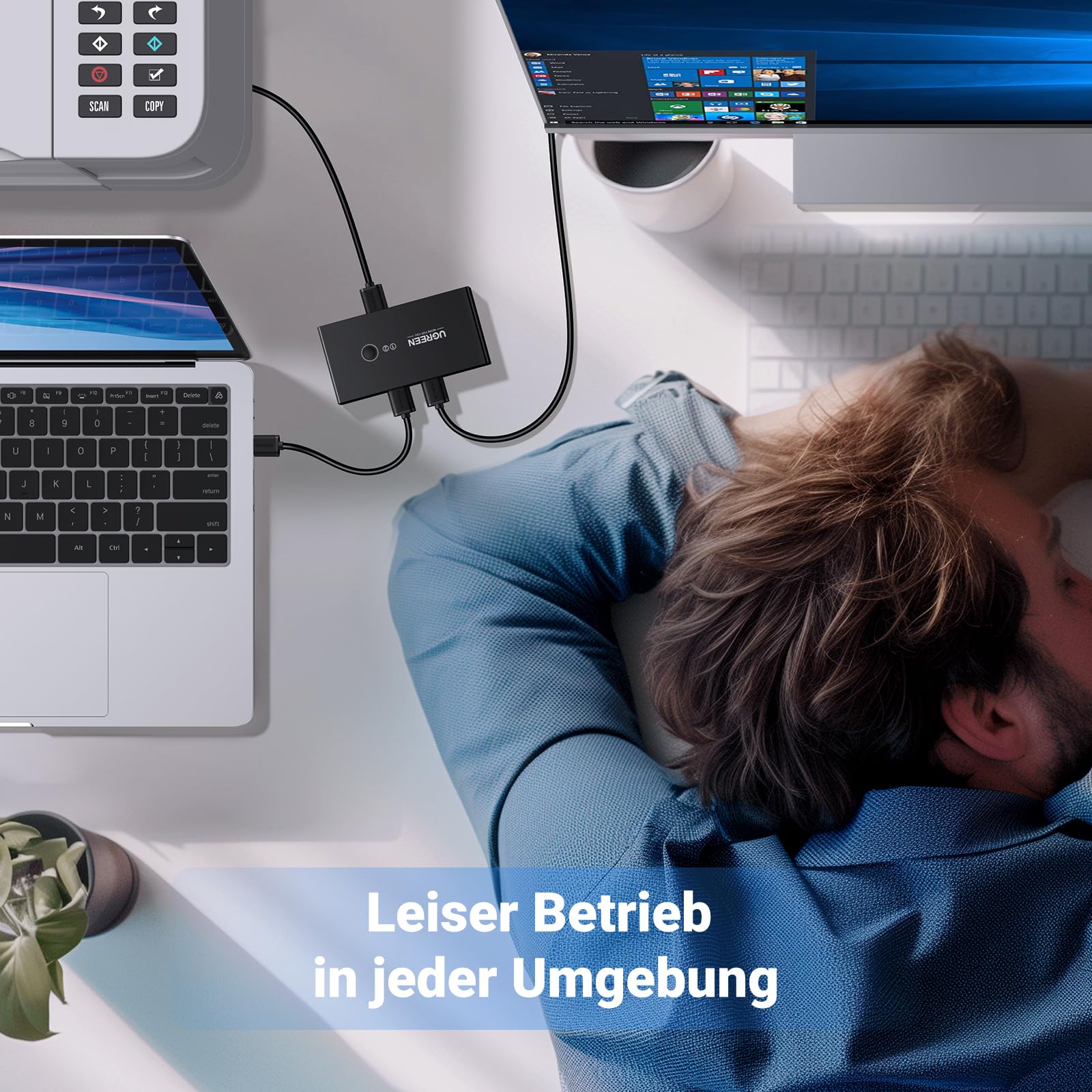 UGREEN 4 Ports USB Switch für 2 PC 2 in 4 Out USB Umschalter für Maus, Tastatur, Scanner, Drucker, Stick, Festplatte kompatibel mit Windows, Mac OS 8.6 und höher, 2 USB Kabel 5