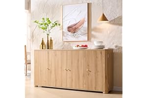 IFGET Curved Buffet Cabinet with Doors, 66" Large Sideboard Buffet Storage Cabinet with 4 Doors and Shleves, Modern Coffee Bar Station Wood Kitchen Table for Kitchen, Dining Room, Natural
