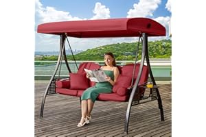 Yalissey 3 in 1 Outdoor Porch Swing with Adjustable Canopy, 3 Seat Outdoor Swing for Adults, Patio Swing Chair with Thickened Cushions,Pillows & Cup Holders for Backyard, Porch, Garden (Wine Red)