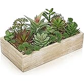 Artificial Succulent Plants in Pot 10 Inch Fake Succulent Arrangement Potted Succulents Plants Centerpiece in Rectangular Wooden Planter for Home Office Desk Shelf Living Room Bedroom Farmhouse Decor