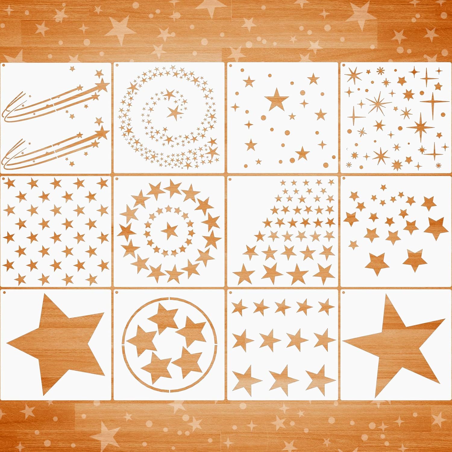 12 Pieces Star Stencil Kits Assorted Star Pattern Stencils Reusable Twinkle Star Template in Different Sizes and Styles with Metal Open Ring for Painting on Tile Wall Home Decor Paper Fabric