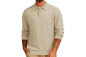 Cotrasen Mens Knit Polo Sweater Long Sleeve Textured Casual Collared Button Sweater Ribbed Lightweight