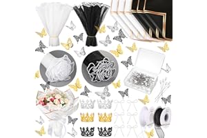 Qilery 243 Pcs Flower Bouquet Wrapping Paper Waterproof Floral Wrapping Paper Florist Supplies with Butterfly Decoration Crowns Ribbons Bouquet Pin Glue for DIY Craft (Black, White,Modern Style)