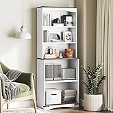 YATINEY Tall Bookcase and Bookshelf, 6-Tier Bookcase with Storage, 63" Wooden Bookshelf, Farmhouse Freestanding Display Storage Shelves for Home Office, Living Room, White and Natural SJ09WH