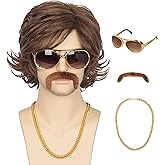 Miss U Hair Short Wavy Brown Wig for Men Funny 70s Retro Rocker Wig with Glass and Necklace for Cosplay Halloween