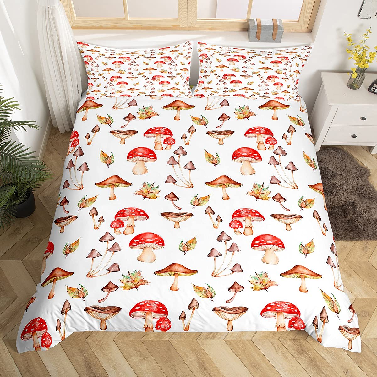 Homemissing Mushrooms Duvet Cover Cute Cartoon Natural Wild Fungus Bedding Set Botanical Plants Comforter Cover for Boys Girls Kids Colorful Nature Lover Gift Bedding & Linen King Size