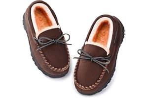 NCCB Boys & Girls Memory Foam Moccasin Slippers - Furry Plush Lining, Non-Slip Indoor/Outdoor for Big Kids, Little Kids & Toddler