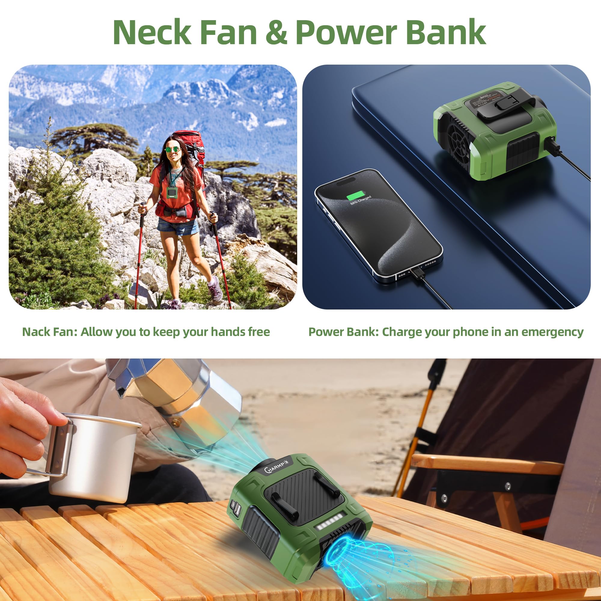 Waist Fan - 10000mAh Rechargeable, 24H Cooling, 16000RPM Strong Airflow, 3-Speed Portable Belt Fan with LED SOS & Red-blue Warning Light for Jobsite, Camping, Travel, Farming