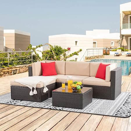 Amazon Com Shintenchi 5 Pieces Patio Furniture Sets Outdoor All Weather Sectional Patio Sofa Set Pe Rattan Manual Weaving Wicker Patio Conversation Set With Glass Table Ottoman Cushion And Red Pillows Brown Garden Outdoor