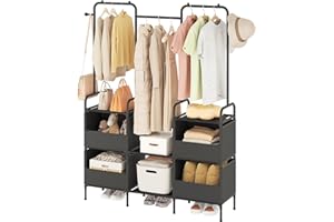 Laiensia Clothes Rack,3 Rods Portable Clothing Hanging Garment Rack,Coat and Shoe Rack with 4 Storage Shelves and 4 Storage Pockets,for Bedroom,Entryway,Living Room,Black