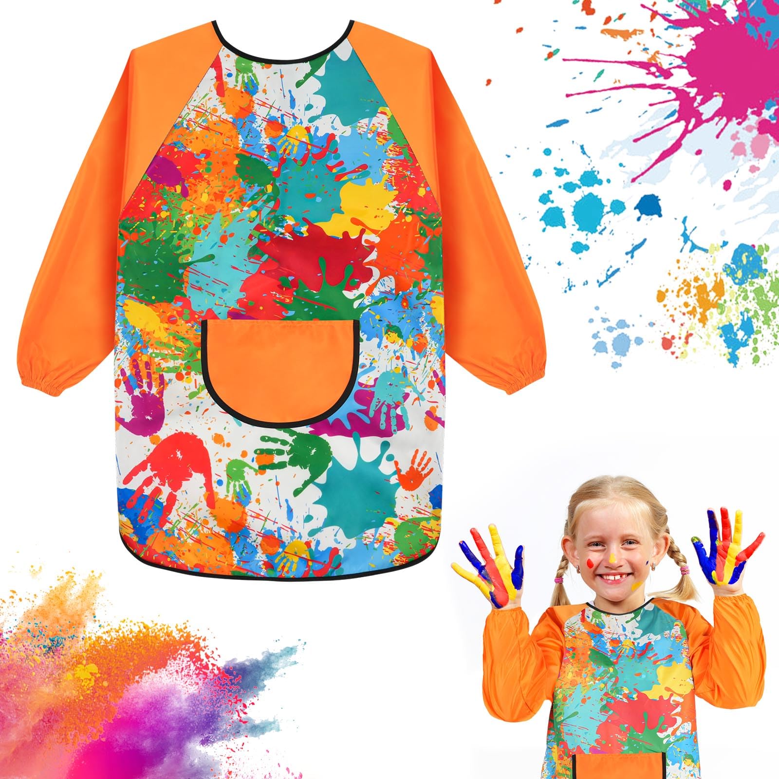 Ainiv Kids Art Aprons for Age 6-12 Years Girls Boys, Waterproof Graffiti Painting Aprons Long Sleeves with Pockets, Kids Painting Smock Toddler Children, Kids Aprons for Painting Craft School Eating