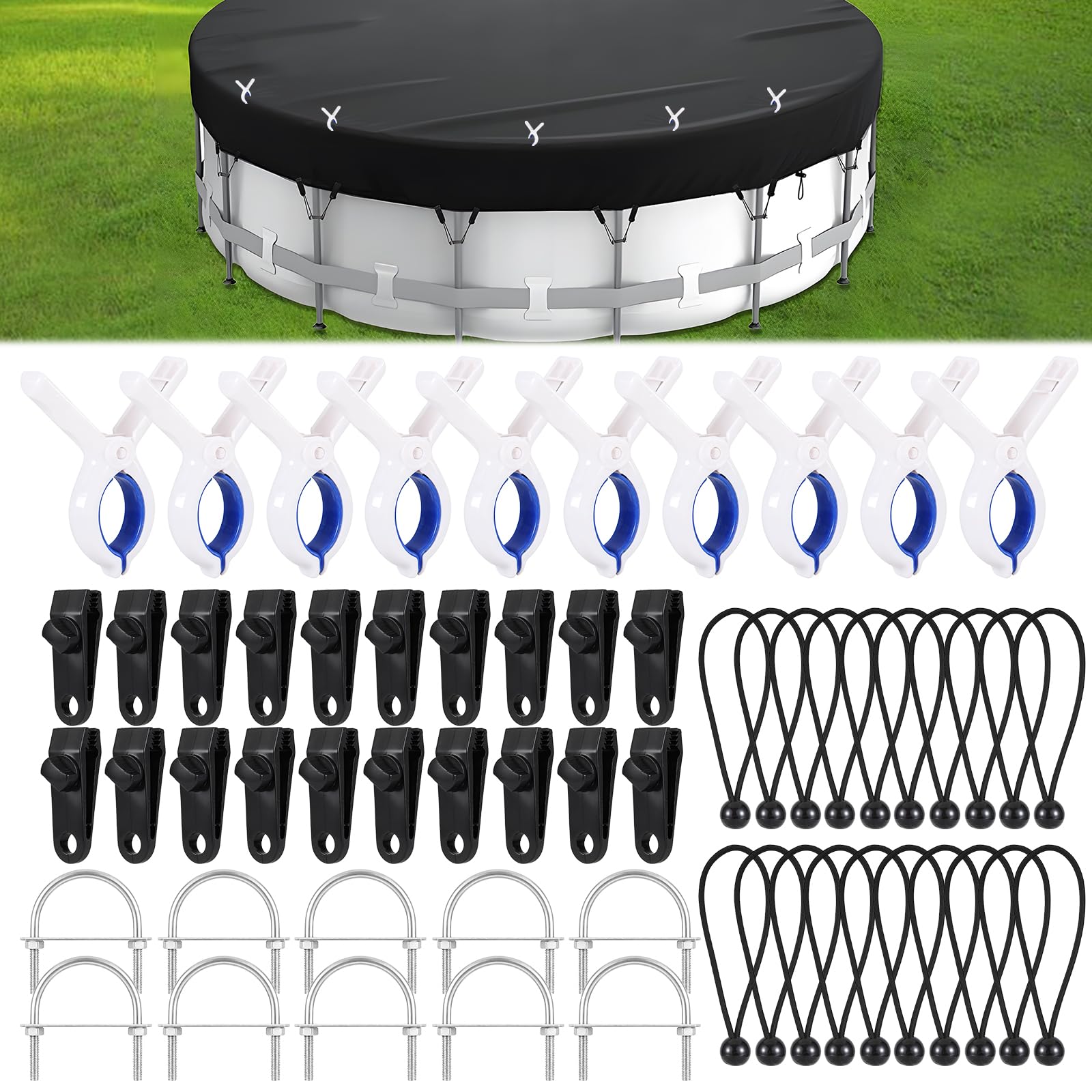 Photo 1 of 10 Sets Pool Cover Clips Kit for Above Ground Pools Including U-Shaped and Tarp Clips,Large Heavy-Duty Pool Clamps Swimming Pools Winter Windproof Clips for Secure Pool Covering