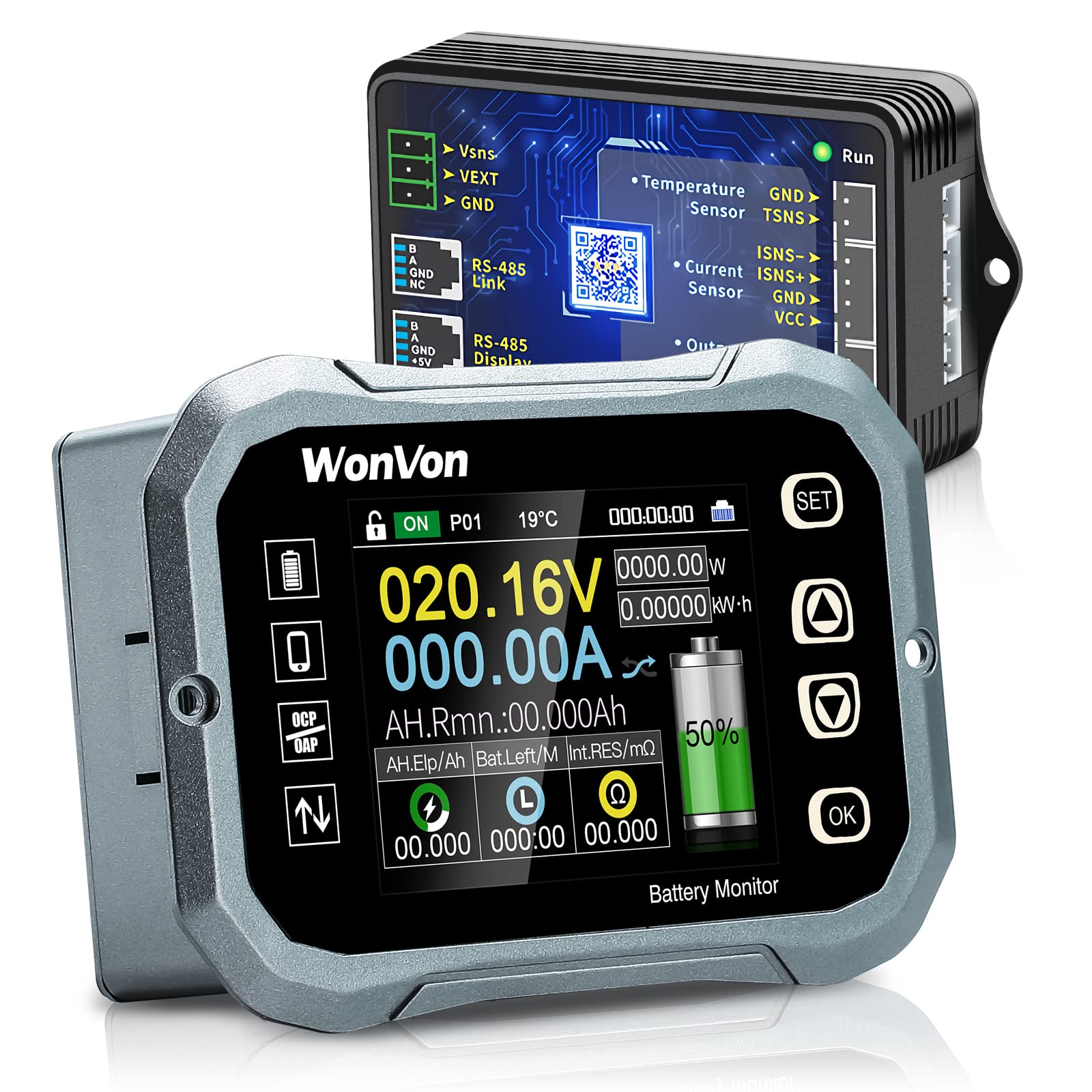 Photo 1 of WonVon Battery Monitor with Shunt 400A 0V-120V Battery Monitor for RV, Motorcycle, Golf Cart, Solar Panel - Screen Display, Capacity Percentage, Time, Power, Voltmeter, High/Low Voltage Support