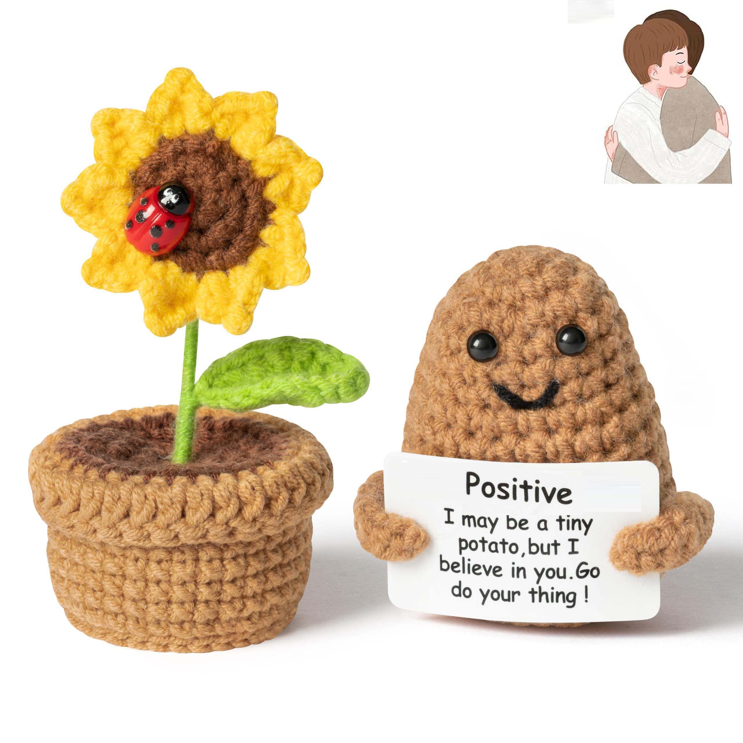 Bambebe 2PCS Mini Funny Positive Doll Sunflowers Pot, 3-inch Knitted Doll with Inspirational Card, Handmade Crochet Desk Decoration, 4-inch Sunflower Wool Doll Cheer Up Encouragement Gift