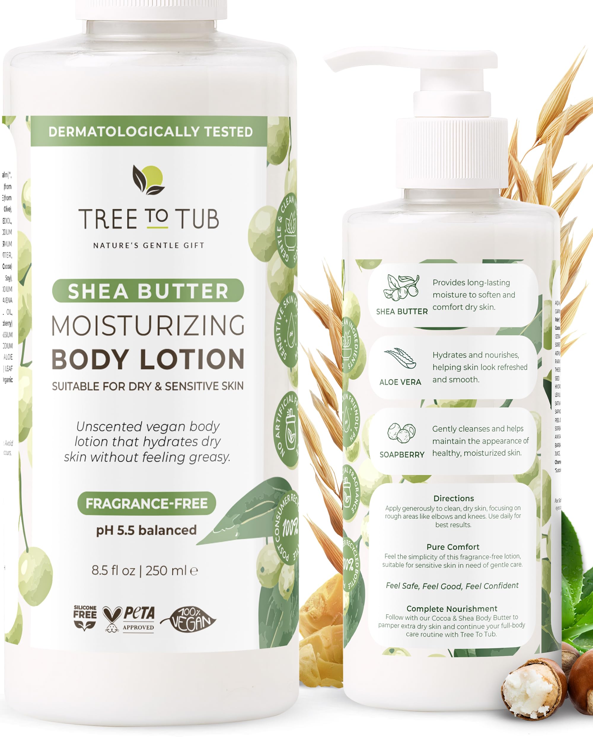 Tree To Tub Unscented Shea Butter Body Lotion for Dry Skin - Fragrance Free Lotion,Vegan Body Moisturizer, Good for Sensitive Skin for both Women & Men