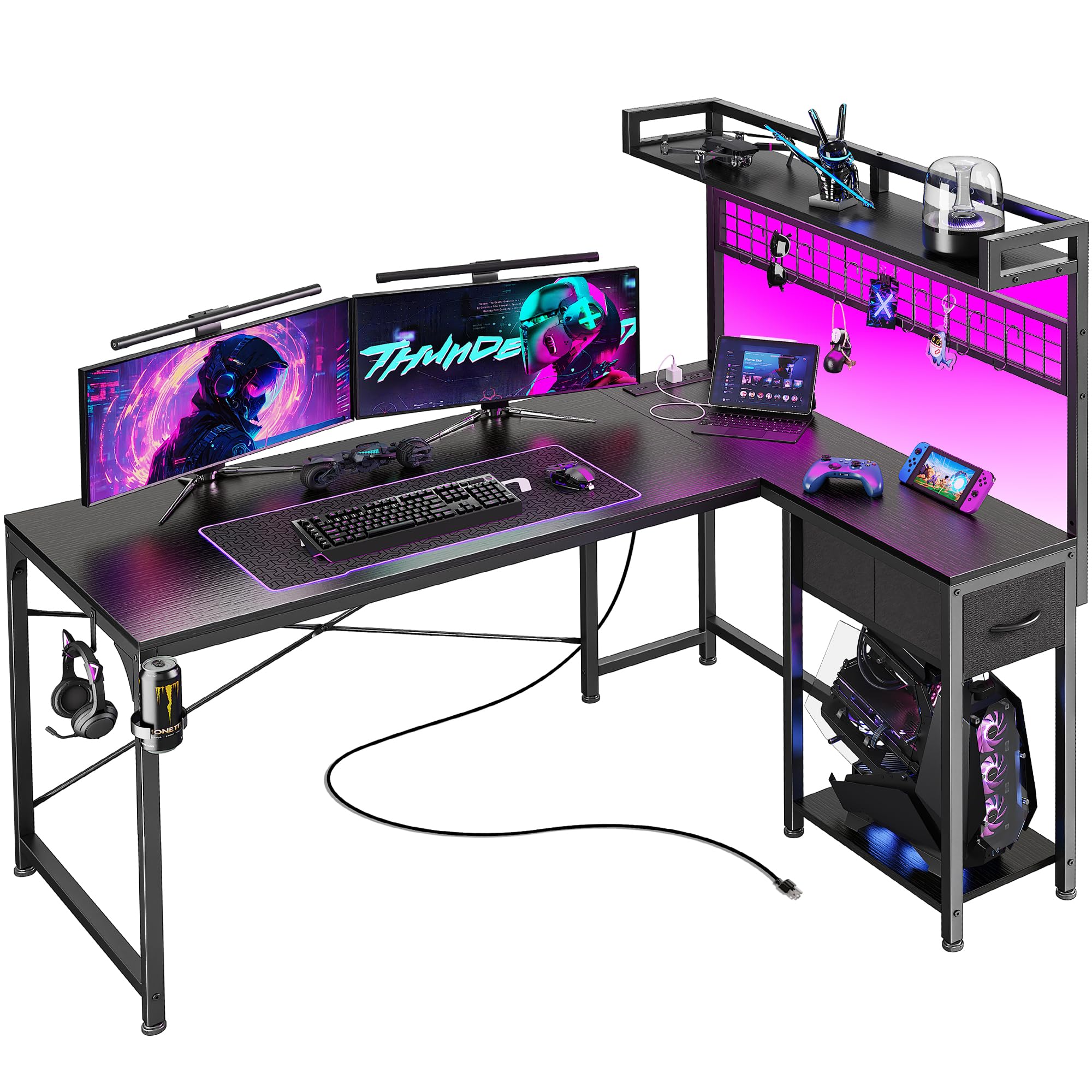 Photo 1 of ***NO RETURN***PRAISUN L Shaped Gaming Desk with Shelves, Corner Computer Table with LED Lights, Power Outlets and USB-C Ports, 50 Inch Reversible Home Office Desk with Storage Drawer, for Work and Study, Black