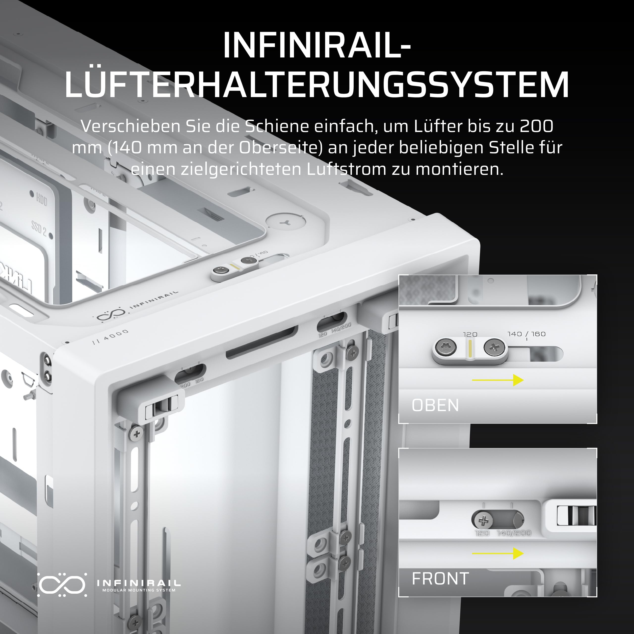 CORSAIR Frame 4000D Modulares Mid-Tower ATX PC-Gehäuse – Hoher Luftstrom, InfiniRail™ Ventilator-Montagesystem, ASUS BTF, MSI Project Zero, Gigabyte Project Stealth – Weiß 5