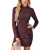 CCTOO Womens Sexy Ruched Bodycon Dress 3D Flower Long Sleeve Half-high Collar Club Party Mini Fitted Dress