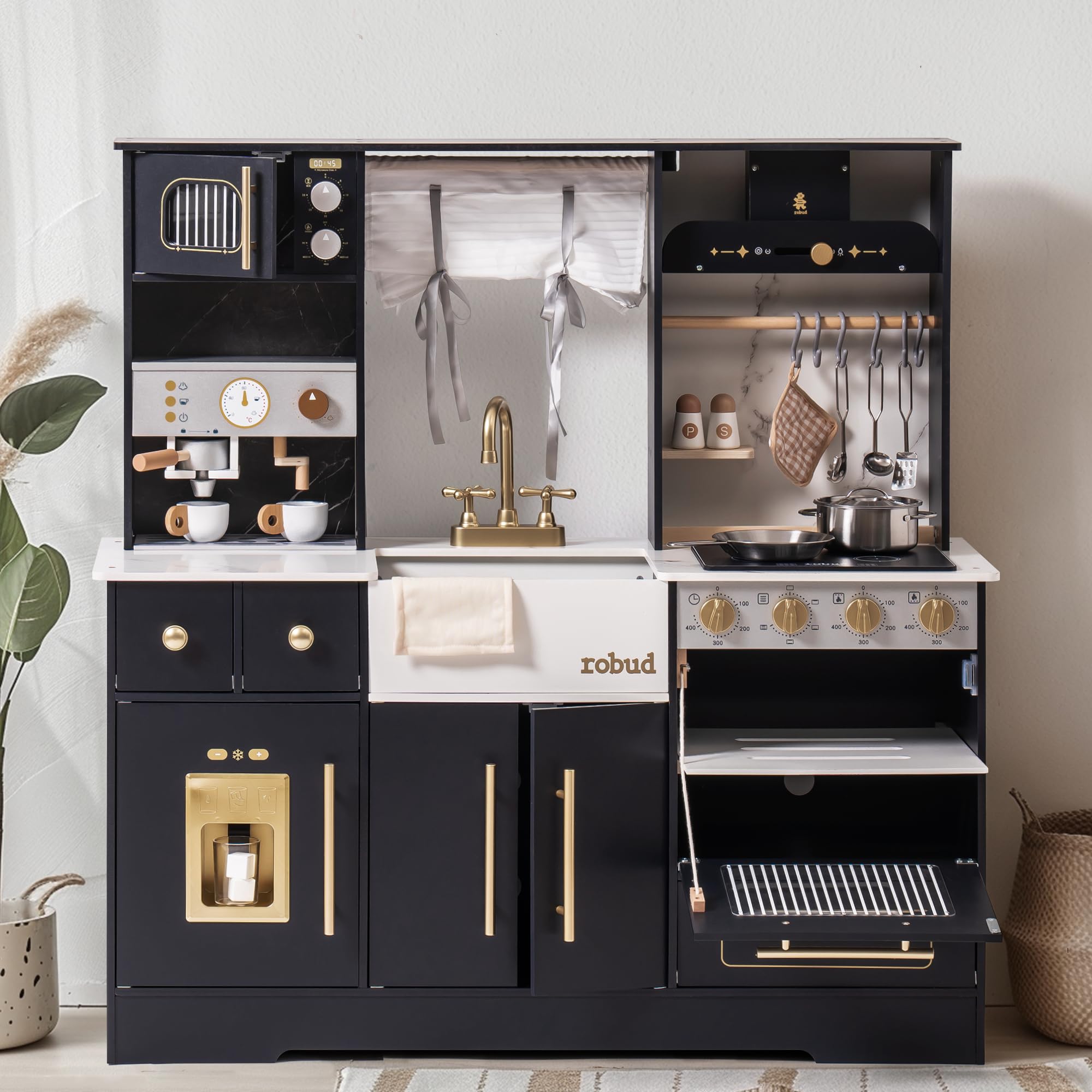 Photo 1 of ** NEW / MANUAL INCLUDED **ROBUD Wooden Play Kitchen Set for Kids, Pretend Toy Kitchen with Ice Maker, Coffee Machine, Oven, Microwave, Cabinet, Utensils, Ideal Gift for Boys and Girls Ages 3+, Black