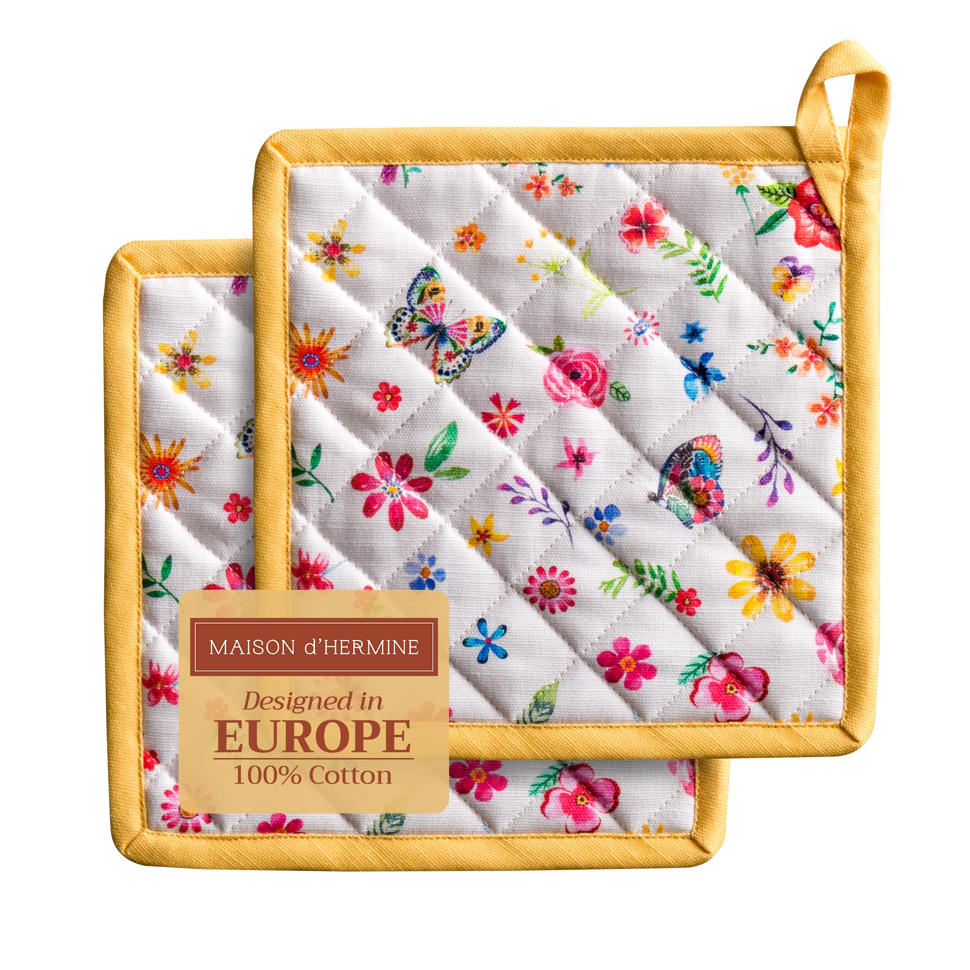 Maison d' Hermine Pot Holders Set 100% Cotton Heat Resistant Potholders 20 cm x 20 cm Hot Pads with Loop for BBQ Baking Handling Hot Pans Gifts for Mothers Day (Pack of 2, Happy Florals - Sweety)