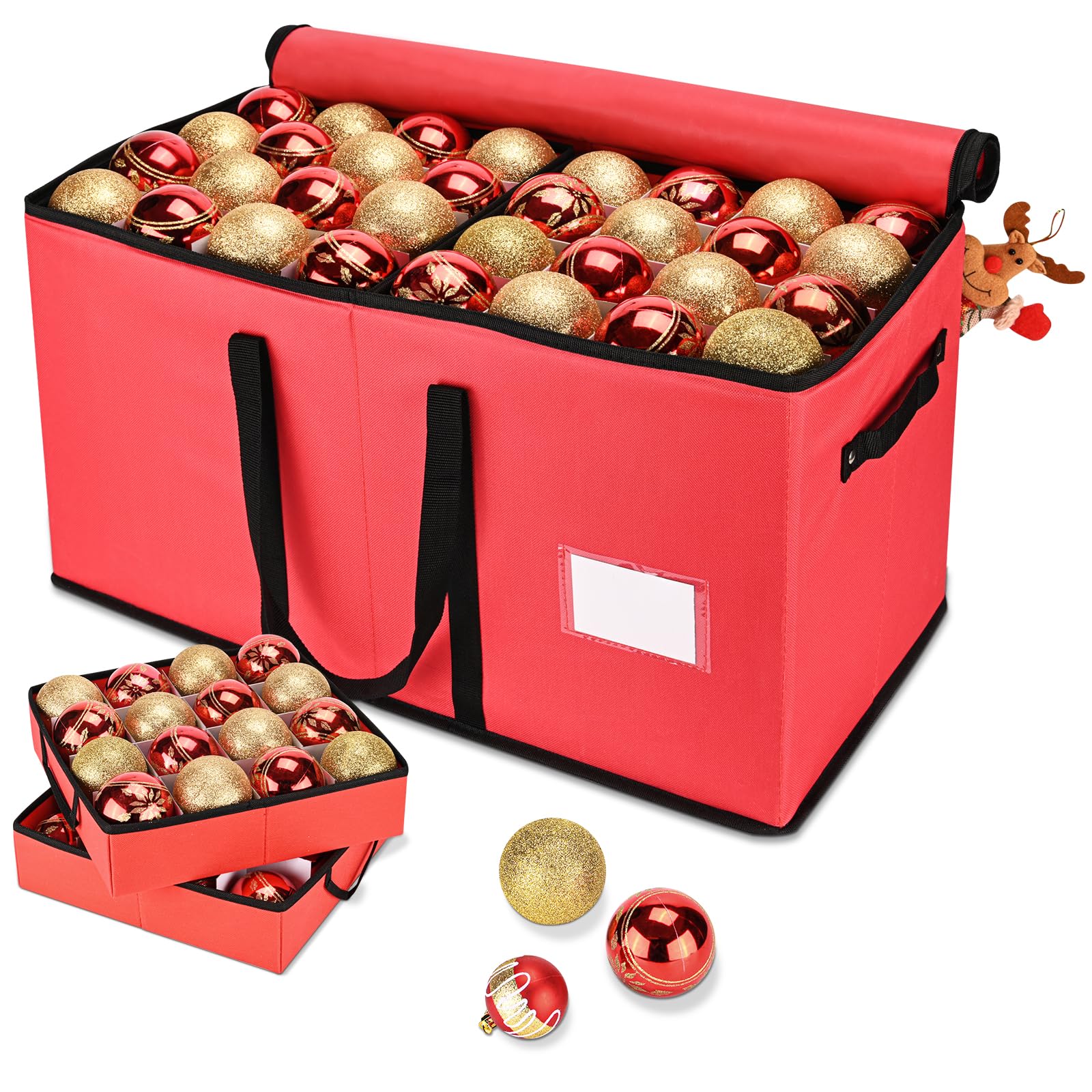 Photo 1 of BROSYDA Christmas Ornament Storage Box, Ornament Storage Organizer Fits 128 of 3 inch Ornament Balls, 8 Removable Tray Ornament Storage Containers with Dividers to Store Xmas Holiday Decor(Red)