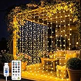 SINAMER Curtain Light for Bedroom, 200LED 6.6x6.6ft Warm White Window Wall Hanging Fairy Curtain String Light, 8 Modes Remote