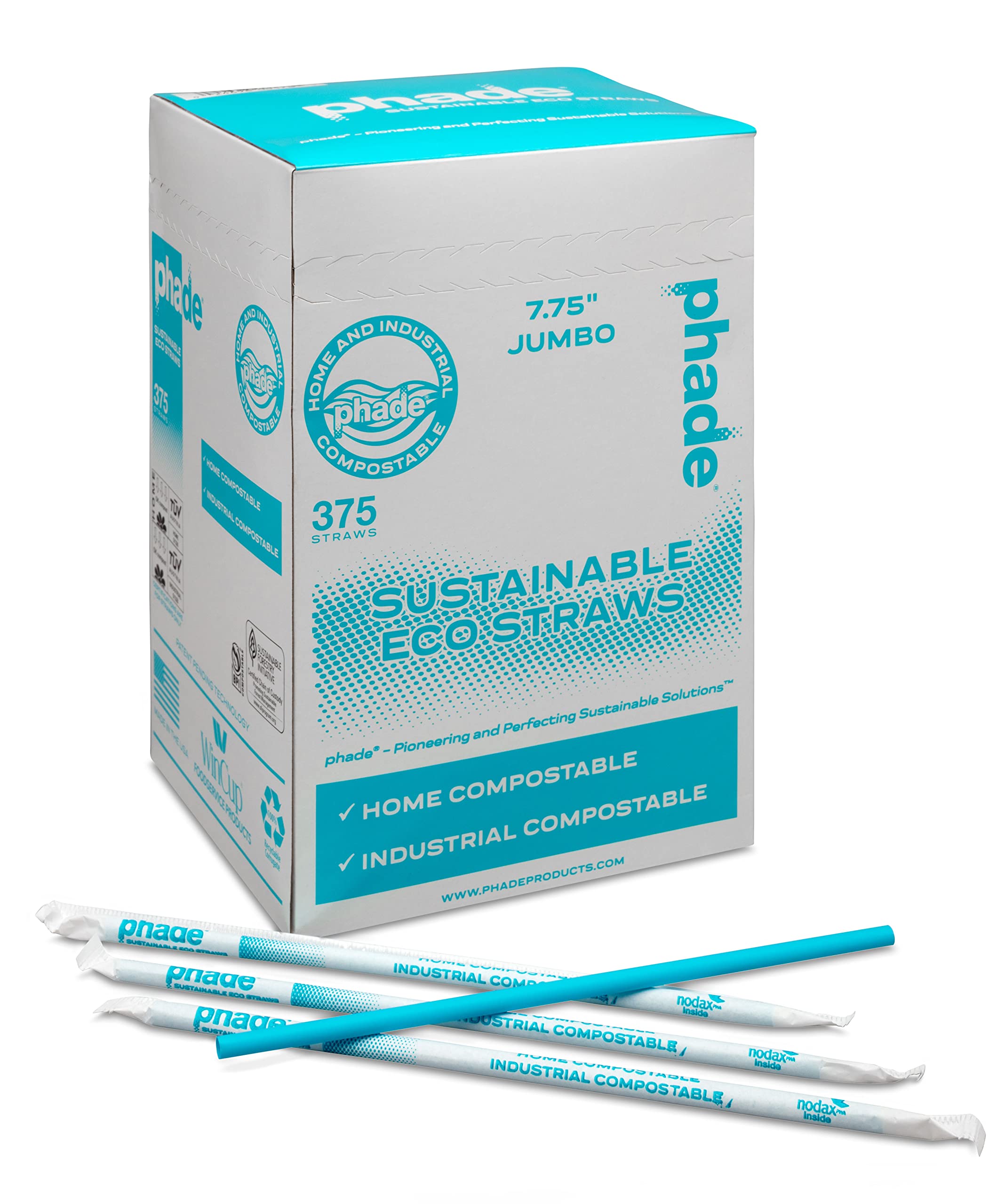 phade Eco-Friendly 7.75" 375 Count Jumbo Drinking Straws - Sustainable Marine Biodegradable Compostable Individually Wrapped, 1 Pack