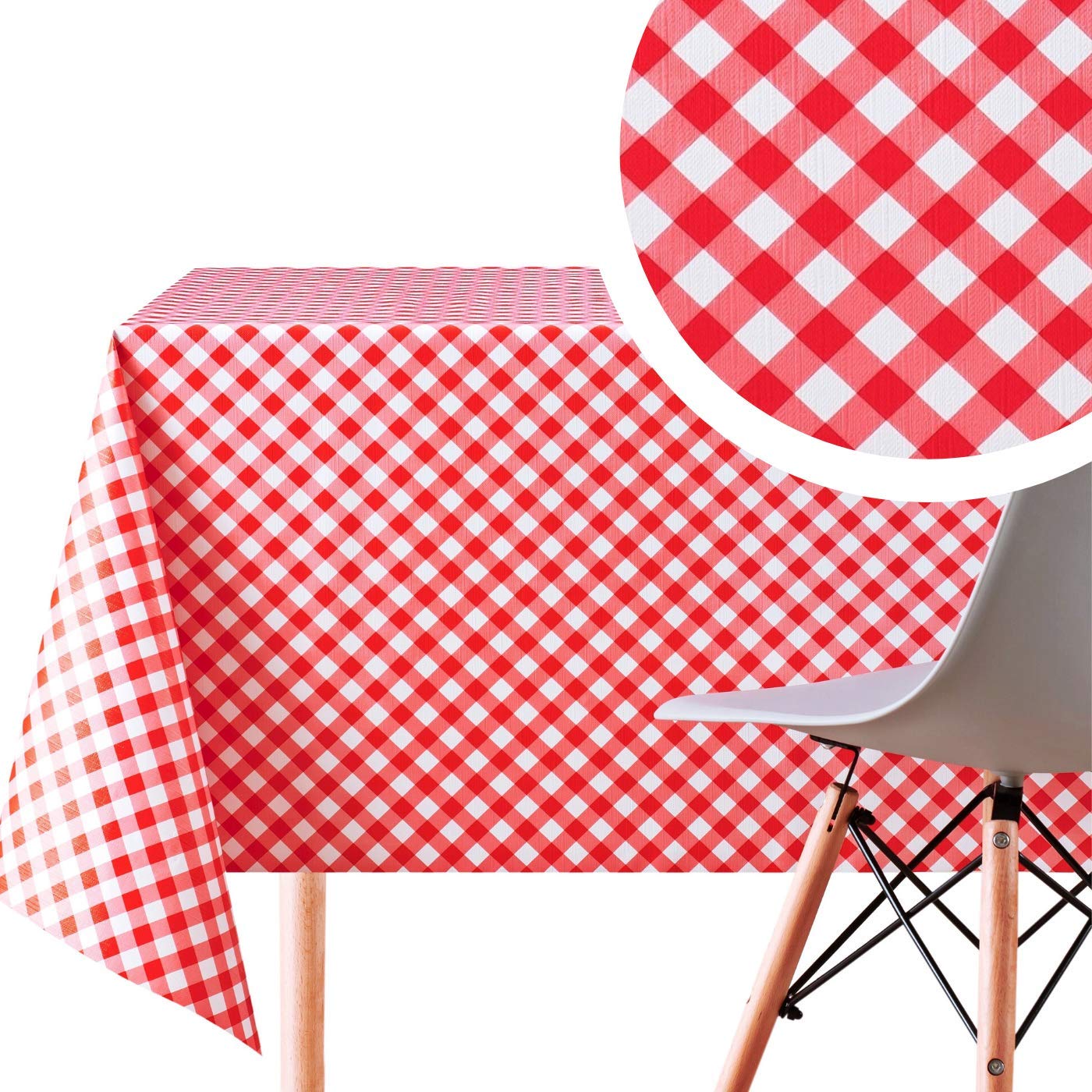 KP HOME Wipe Clean Table Cloth in Red Gingham - Waterproof PVC Tablecloth Wipeable Protector - Rectangular 98 X 55 in | 250 X 140 cm - Check Pattern Vinyl Oilcloth - Large Plastic Table Cover Stain