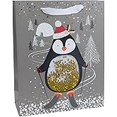 Boston International Gift Bag Christmas Holiday Gifting Paper Bags with Handles, Medium, Skiing Penguin with Sequins