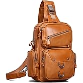 CENUNCO Genuine Leather Sling Bag for Men Large Crossbody Shoulder Bag Casual Sling Backpack Anti-Theft Travel Chest Purse
