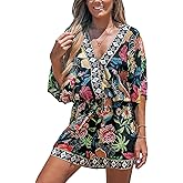 CUPSHE Women's Summer Romper Lace Up Printed Half Sleeves Casual Wide leg Vacation Outfit Mini One Piece Jumpsuit