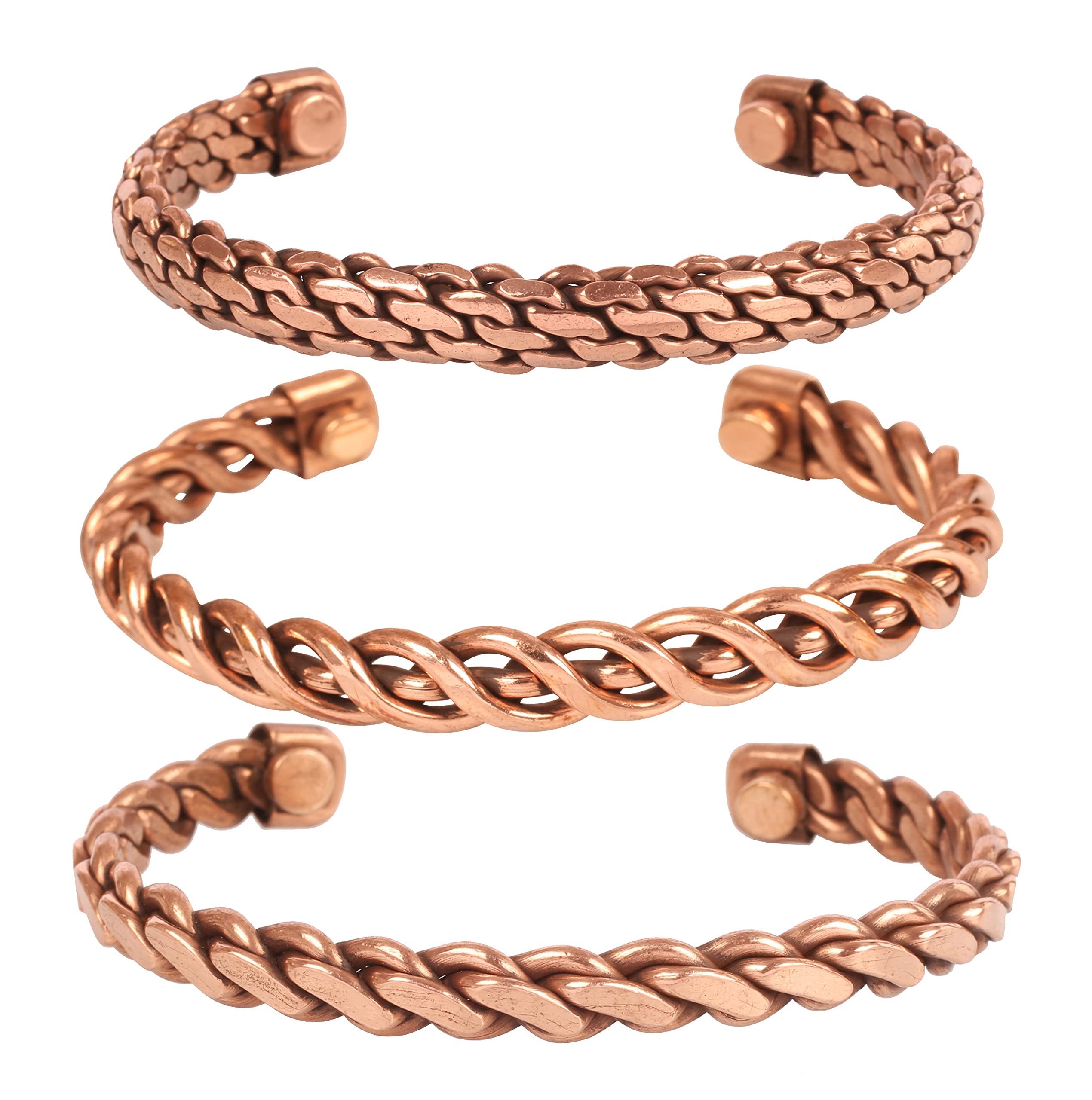 Touchstone Copper magnetic bracelet Tibetan style. Hand forged with solid and high gauge pure copper. Set of 3 different designs in rope braid style.