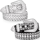 Geyoga 2 Pcs Rhinestone Belt for Women Bling Studded Western Cowboy Cowgirl Leather Belt for Jeans Pants(Fits Waist Size 31-37 Inch)