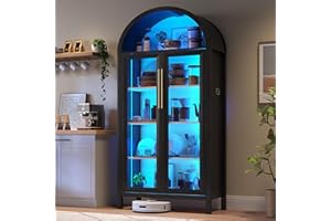 HWB Display Cabinet with Glass Doors, 5-Tier Tall Curio Cabinet with Lights for Collectibles, LED Display Case for Book/Medal/Figure, Black