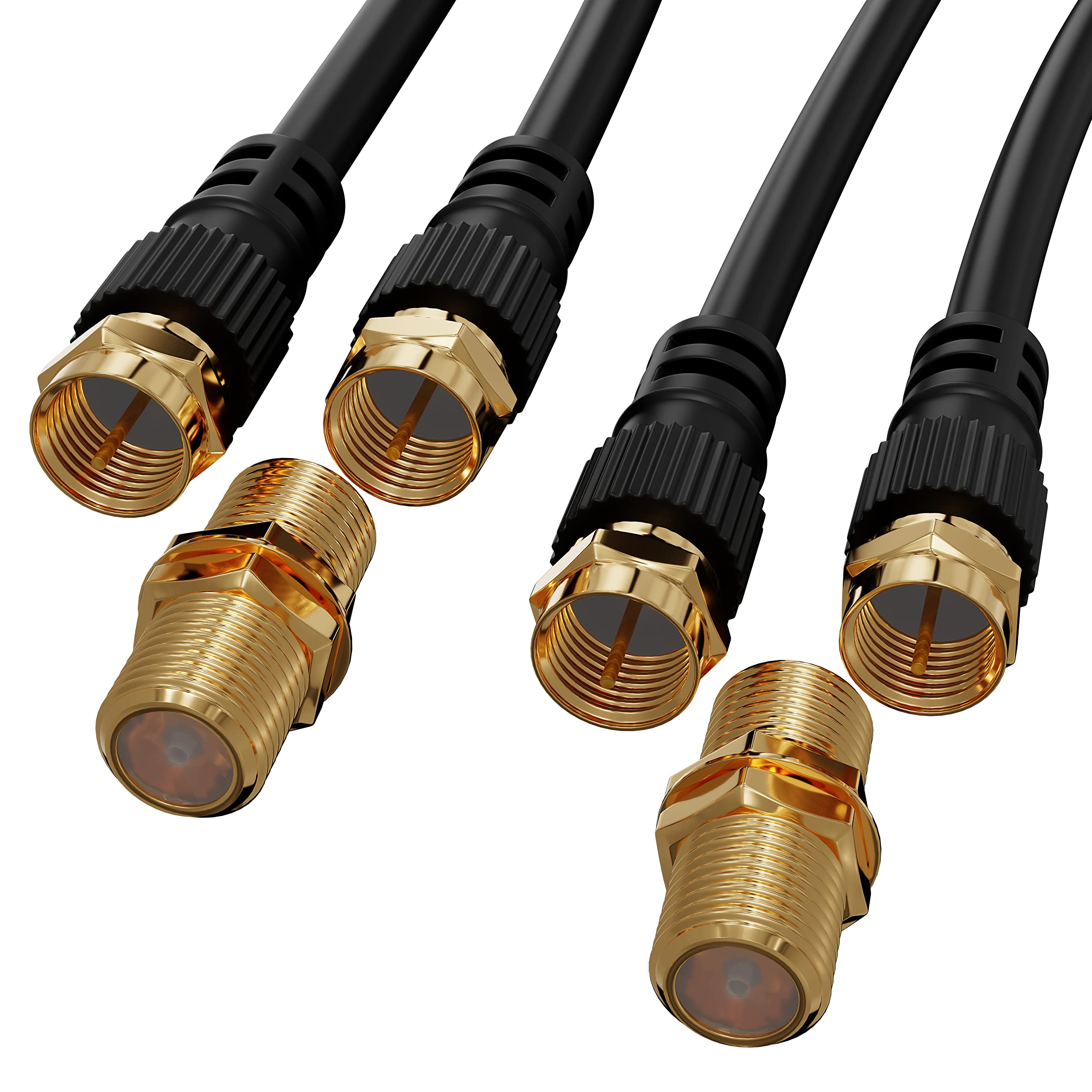 ConnectingU® Twin Pack 2m Black Satellite Coaxial Cable Kit (Virgin Media & Sky Compatible) - Male to Male Cable with F-Type Connectors Bundled with an F-Type Female to Female Coupler
