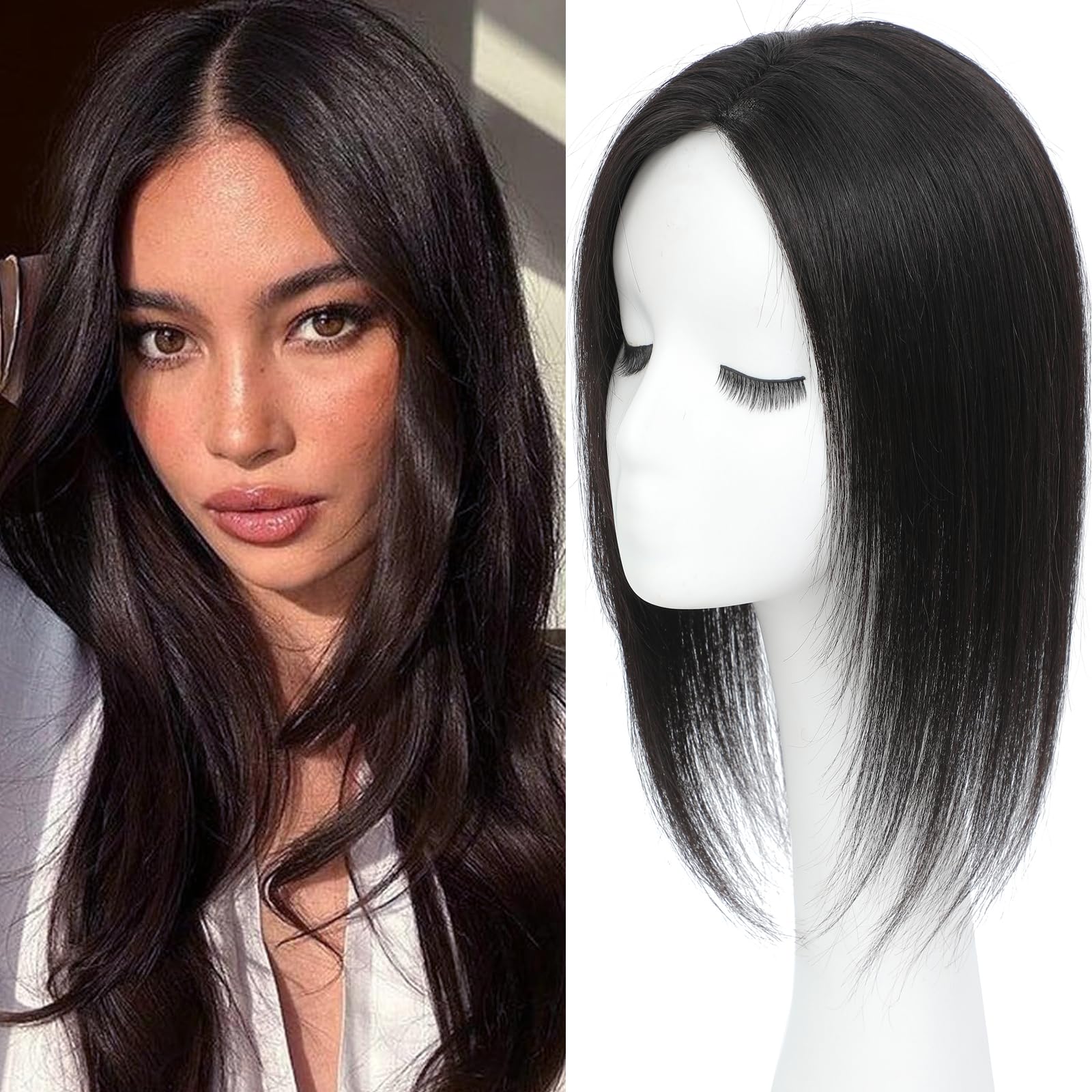 Photo 1 of RMYHIG Hair Toppers for Women Real Human Hair, 360°3D Topper for Women with Thinning Crown Wispy Clip in Bangs Breathable Hand Tied Craft Big Coverage Hairpieces(Black?Big Coverage?, 14 Inch-3D-Side)