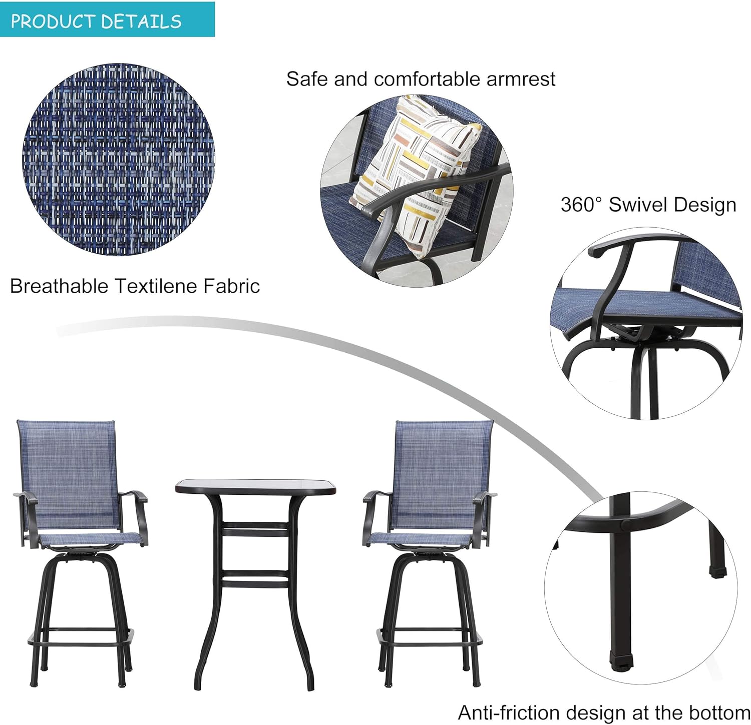 LOKATSE HOME 3 Pcs Bar Stools Set 2 High Swivel Chairs and 1 Height Outdoor Bistro Table, Patio Furniture, Blue Tesling Fabric : Garden & Outdoor