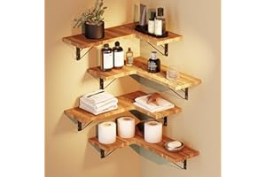 KEGII Wood Corner Floating Shelves Set of 4, Display Storage Wall Mounted Shelves & Bathroom Kitchen Shelf Save Space for Living Room, Bedroom, Office & Decoration Rustic Brown