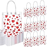 Yeaqee 36 Pcs Valentine's Day Love Heart Printed Clear Gift Bags with Handles Bulk Plastic Treat Candy Pouch Reusable Valentine's Party Handbag PVC Heart Tote Bags for Birthday Baby Shower Party Favor