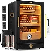 Tesonway Cigar Humidor, Desktop Cigar Humidor Cabinet Light Control System with Spanish Cedar Wood Shelves, Hygrometer, 3 Humidifiers and Cigar Accessories Drawer, Father's Day Gift for Men (Black)