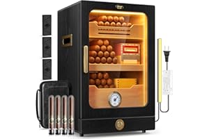 Tesonway Cigar Humidor, Desktop Cigar Humidor Cabinet Light Control System with Spanish Cedar Wood Shelves, Hygrometer, 3 Humidifiers and Cigar Accessories Drawer, Father's Day Gift for Men (Black)